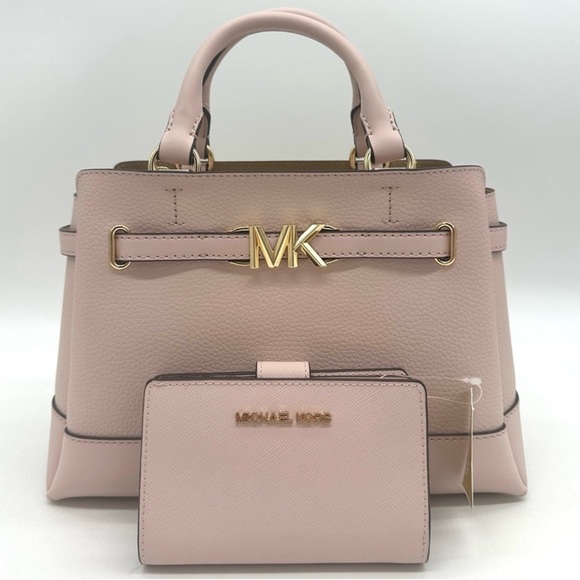 Michael Kors Reed Small Satchel Crossbody Bag & MD Bifold Zip Chain Wallet Pink - Picture 1 of 16
